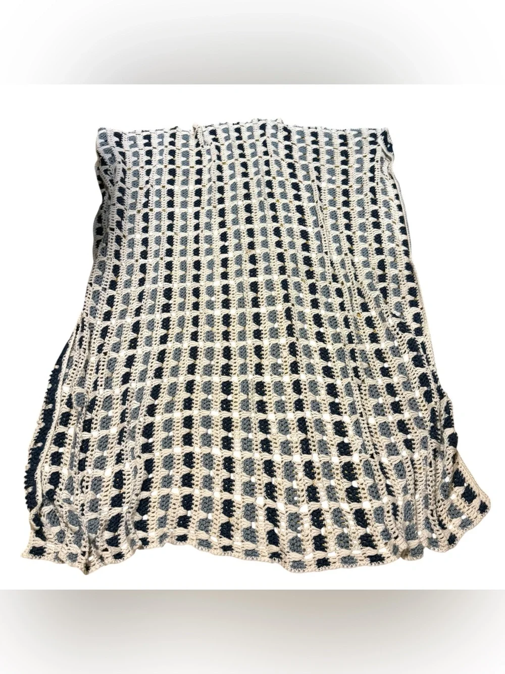 Vintage Crochet Knit Afghan Blanket Handmade Granny Blue White 69”x67”